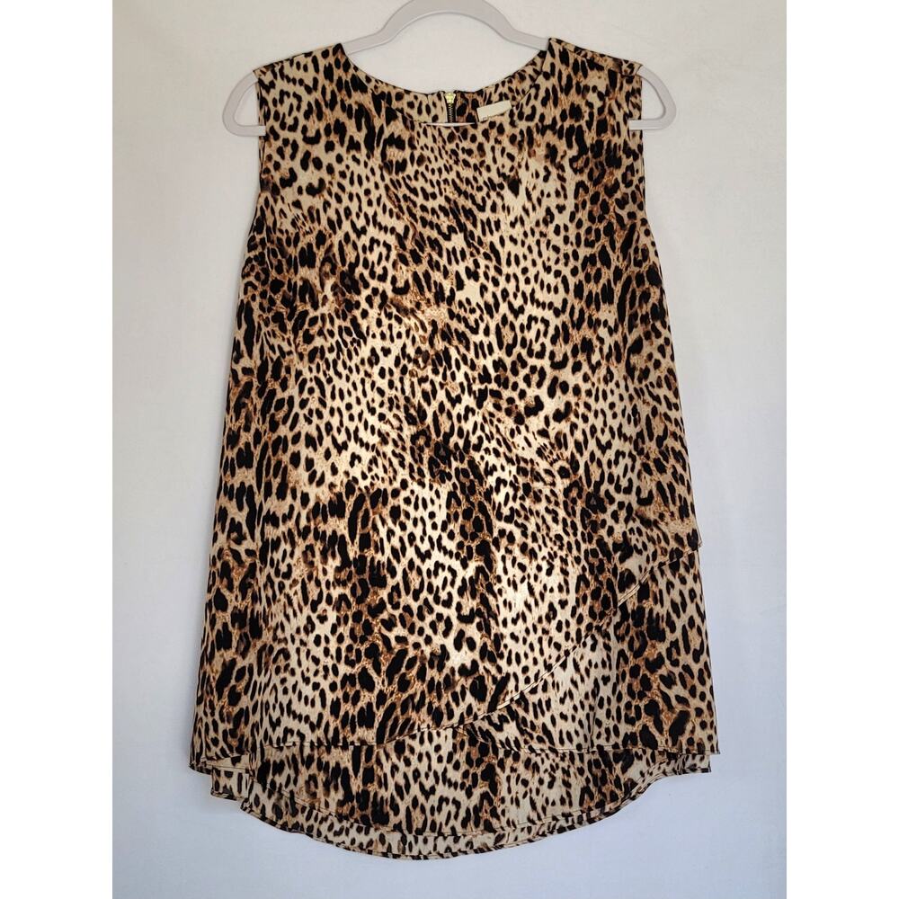 Chico's Size 3 Women's Leopard Print Sleeveless Blouse w/Layers & Hi Lo Zip Back
